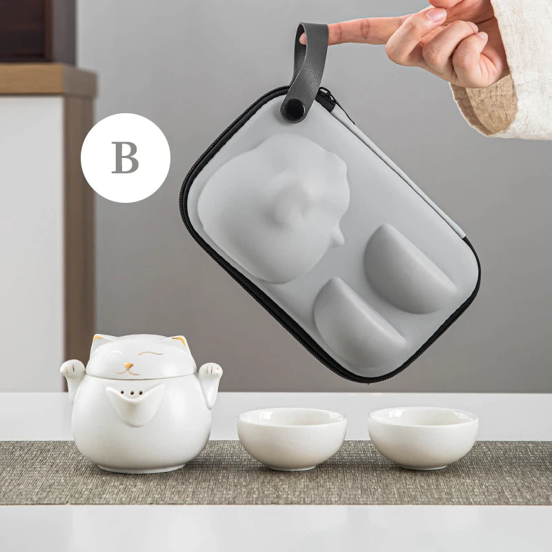 Ceramic Teapot with 2 Cups Cute Cat Portable Travel Tea Sets