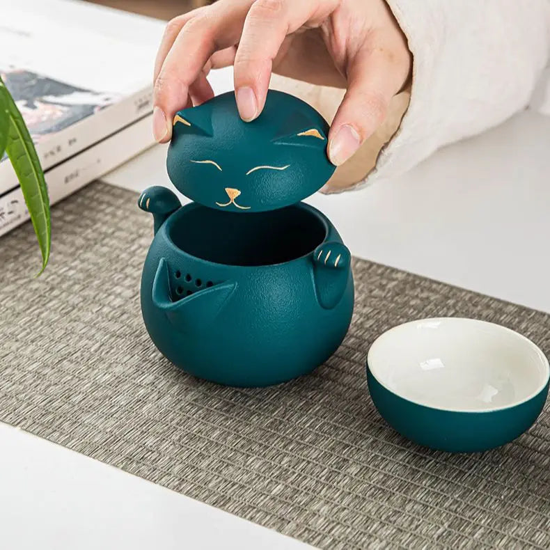 Ceramic Teapot with 2 Cups Cute Cat Portable Travel Tea Sets