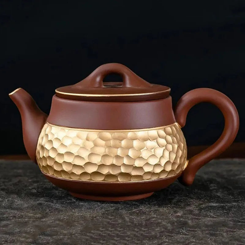 Ceramic Teapot with Side Handle, Chinese Tea Set, Portable Handmade, 24K Gold-Plated, Yixing Tea Pot, Puer Kongfu Tea, Household