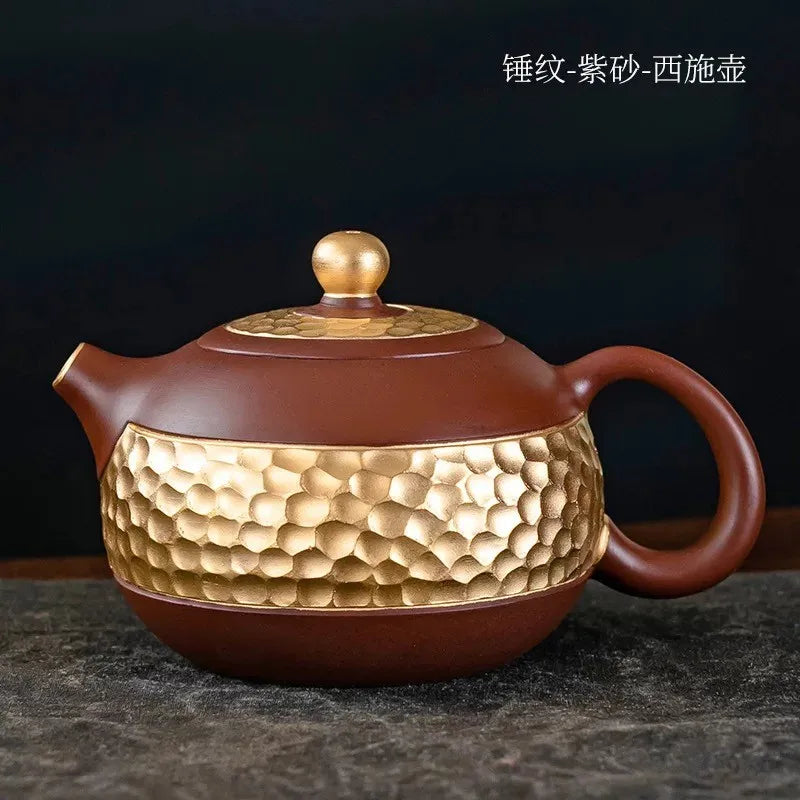 Ceramic Teapot with Side Handle, Chinese Tea Set, Portable Handmade, 24K Gold-Plated, Yixing Tea Pot, Puer Kongfu Tea, Household