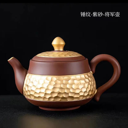 Ceramic Teapot with Side Handle, Chinese Tea Set, Portable Handmade, 24K Gold-Plated, Yixing Tea Pot, Puer Kongfu Tea, Household