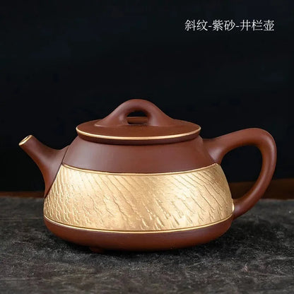 Ceramic Teapot with Side Handle, Chinese Tea Set, Portable Handmade, 24K Gold-Plated, Yixing Tea Pot, Puer Kongfu Tea, Household