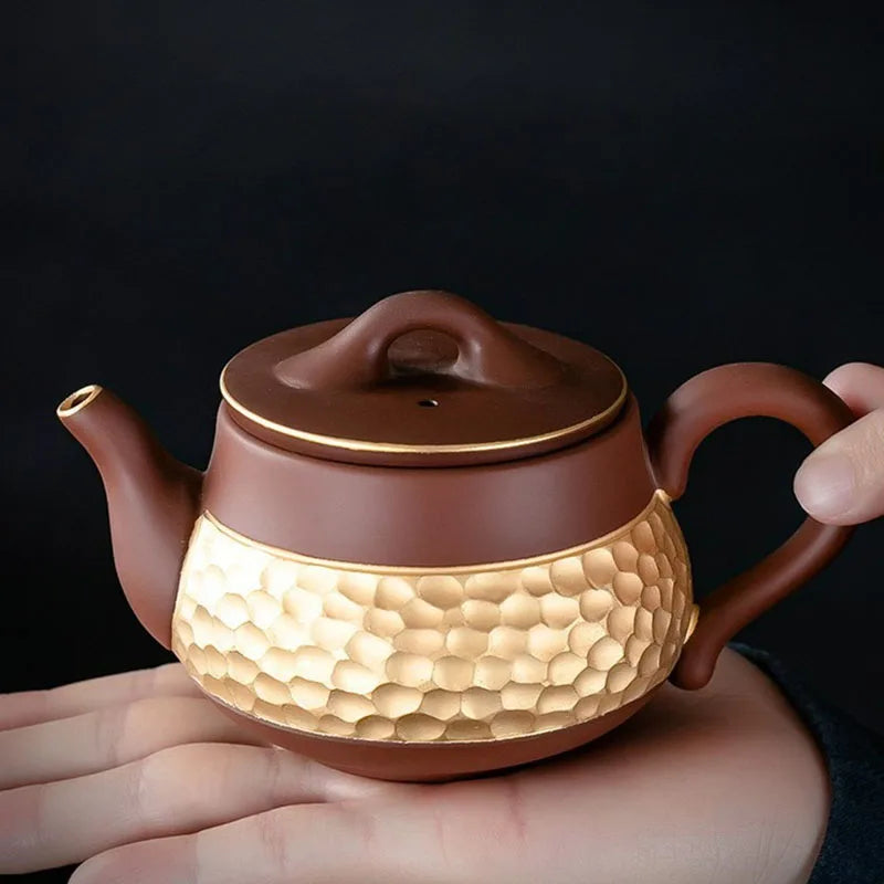 Ceramic Teapot with Side Handle, Chinese Tea Set, Portable Handmade, 24K Gold-Plated, Yixing Tea Pot, Puer Kongfu Tea, Household