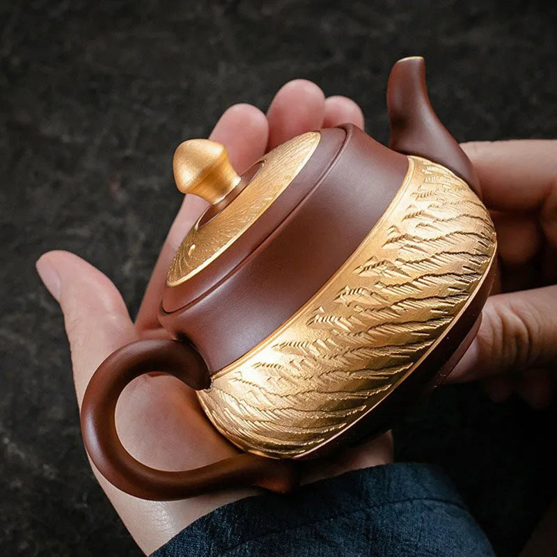 Ceramic Teapot with Side Handle, Chinese Tea Set, Portable Handmade, 24K Gold-Plated, Yixing Tea Pot, Puer Kongfu Tea, Household