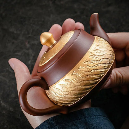 Ceramic Teapot with Side Handle, Chinese Tea Set, Portable Handmade, 24K Gold-Plated, Yixing Tea Pot, Puer Kongfu Tea, Household