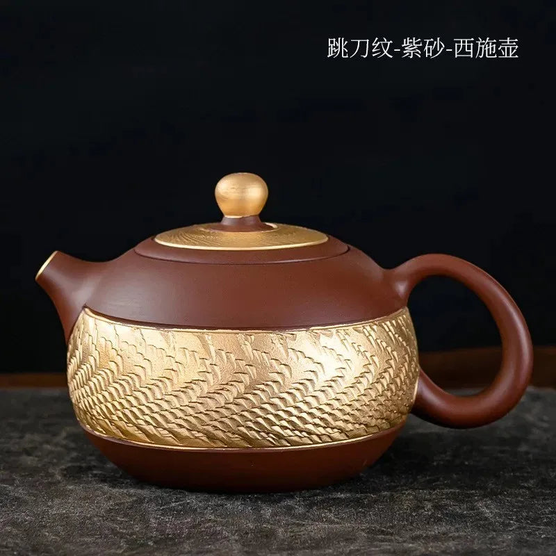Ceramic Teapot with Side Handle, Chinese Tea Set, Portable Handmade, 24K Gold-Plated, Yixing Tea Pot, Puer Kongfu Tea, Household
