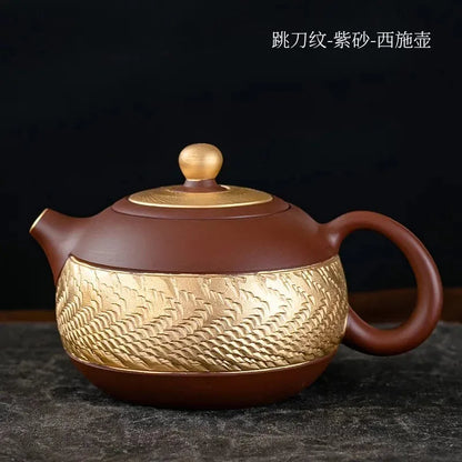 Ceramic Teapot with Side Handle, Chinese Tea Set, Portable Handmade, 24K Gold-Plated, Yixing Tea Pot, Puer Kongfu Tea, Household