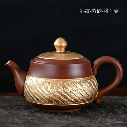 Ceramic Teapot with Side Handle, Chinese Tea Set, Portable Handmade, 24K Gold-Plated, Yixing Tea Pot, Puer Kongfu Tea, Household