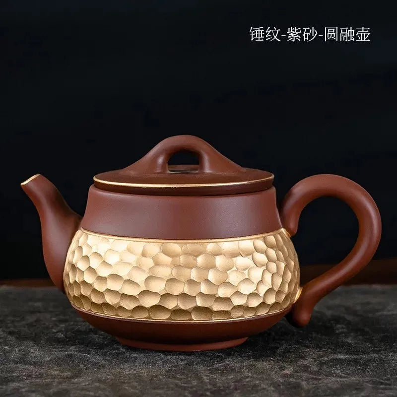 Ceramic Teapot with Side Handle, Chinese Tea Set, Portable Handmade, 24K Gold-Plated, Yixing Tea Pot, Puer Kongfu Tea, Household