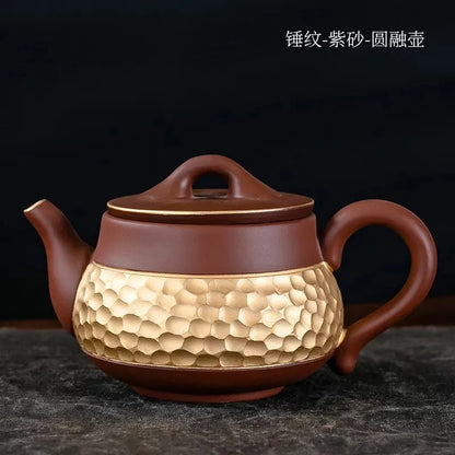 Ceramic Teapot with Side Handle, Chinese Tea Set, Portable Handmade, 24K Gold-Plated, Yixing Tea Pot, Puer Kongfu Tea, Household