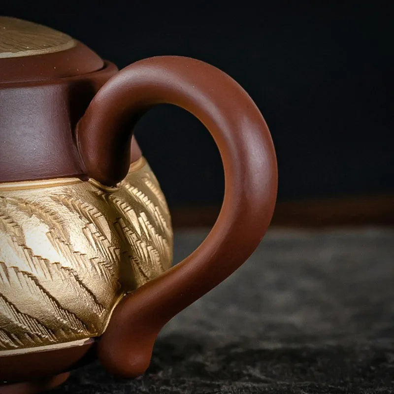 Ceramic Teapot with Side Handle, Chinese Tea Set, Portable Handmade, 24K Gold-Plated, Yixing Tea Pot, Puer Kongfu Tea, Household