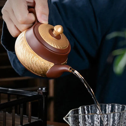 Ceramic Teapot with Side Handle, Chinese Tea Set, Portable Handmade, 24K Gold-Plated, Yixing Tea Pot, Puer Kongfu Tea, Household