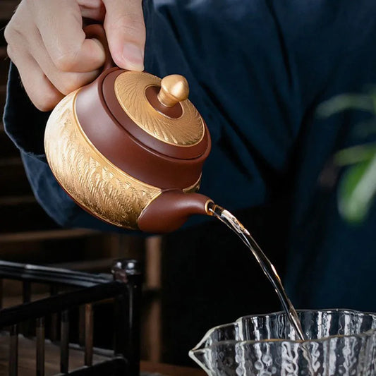 Ceramic Teapot with Side Handle, Chinese Tea Set, Portable Handmade, 24K Gold-Plated, Yixing Tea Pot, Puer Kongfu Tea, Household