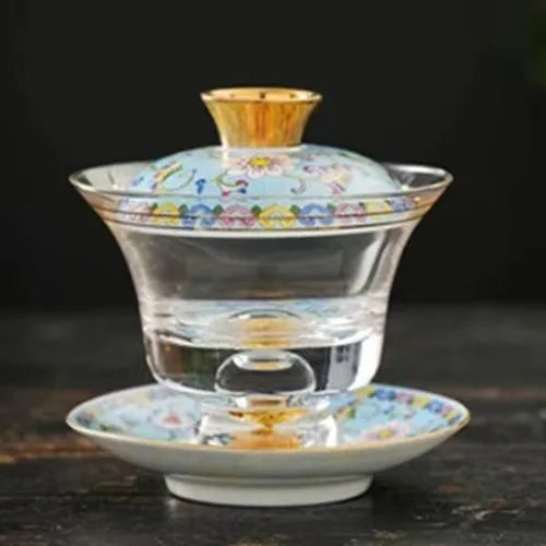 Ceramic Tibetan Gold Crystal Chinese Style Sancai Glass Cover Bowl Enamel Large -sized Hot Hand Gaiwan for Tea Teaware Kitchen