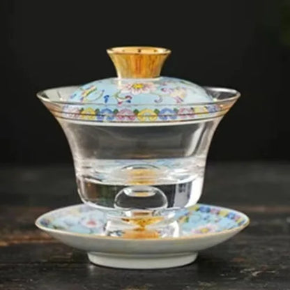 Ceramic Tibetan Gold Crystal Chinese Style Sancai Glass Cover Bowl Enamel Large -sized Hot Hand Gaiwan for Tea Teaware Kitchen