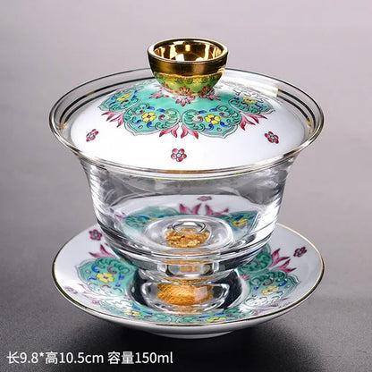Ceramic Tibetan Gold Crystal Chinese Style Sancai Glass Cover Bowl Enamel Large -sized Hot Hand Gaiwan for Tea Teaware Kitchen