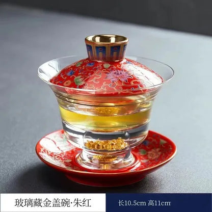 Ceramic Tibetan Gold Crystal Chinese Style Sancai Glass Cover Bowl Enamel Large -sized Hot Hand Gaiwan for Tea Teaware Kitchen