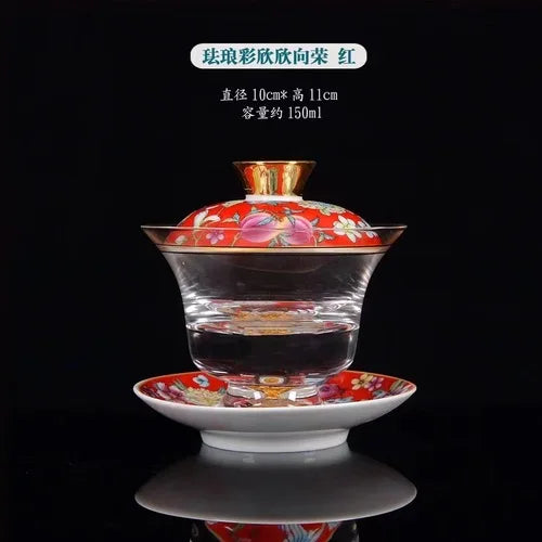 Ceramic Tibetan Gold Crystal Chinese Style Sancai Glass Cover Bowl Enamel Large -sized Hot Hand Gaiwan for Tea Teaware Kitchen