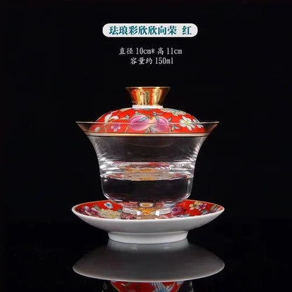 Ceramic Tibetan Gold Crystal Chinese Style Sancai Glass Cover Bowl Enamel Large -sized Hot Hand Gaiwan for Tea Teaware Kitchen