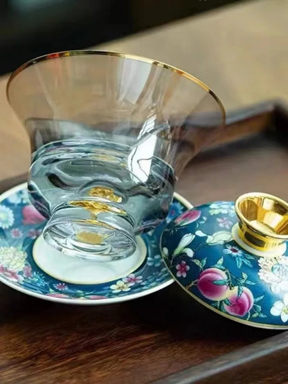 Ceramic Tibetan Gold Crystal Chinese Style Sancai Glass Cover Bowl Enamel Large -sized Hot Hand Gaiwan for Tea Teaware Kitchen