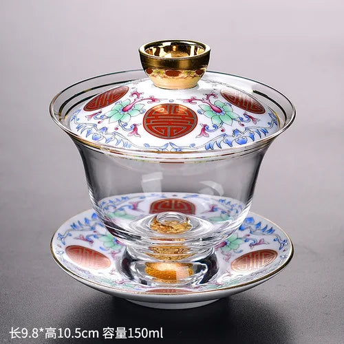 Ceramic Tibetan Gold Crystal Chinese Style Sancai Glass Cover Bowl Enamel Large -sized Hot Hand Gaiwan for Tea Teaware Kitchen