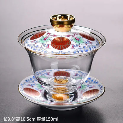 Ceramic Tibetan Gold Crystal Chinese Style Sancai Glass Cover Bowl Enamel Large -sized Hot Hand Gaiwan for Tea Teaware Kitchen