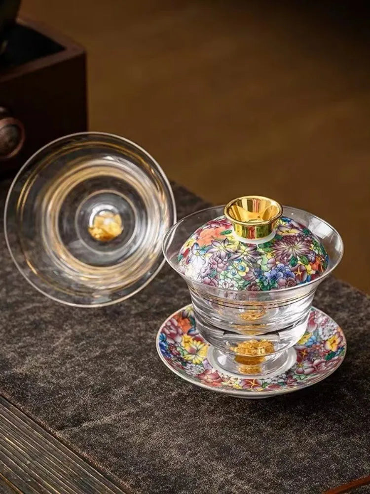 Ceramic Tibetan Gold Crystal Chinese Style Sancai Glass Cover Bowl Enamel Large -sized Hot Hand Gaiwan for Tea Teaware Kitchen