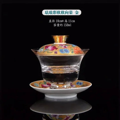 Ceramic Tibetan Gold Crystal Chinese Style Sancai Glass Cover Bowl Enamel Large -sized Hot Hand Gaiwan for Tea Teaware Kitchen
