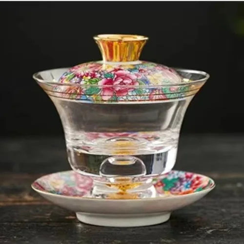 Ceramic Tibetan Gold Crystal Chinese Style Sancai Glass Cover Bowl Enamel Large -sized Hot Hand Gaiwan for Tea Teaware Kitchen