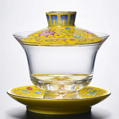 Ceramic Tibetan Gold Crystal Chinese Style Sancai Glass Cover Bowl Enamel Large -sized Hot Hand Gaiwan for Tea Teaware Kitchen