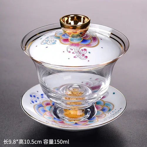 Ceramic Tibetan Gold Crystal Chinese Style Sancai Glass Cover Bowl Enamel Large -sized Hot Hand Gaiwan for Tea Teaware Kitchen