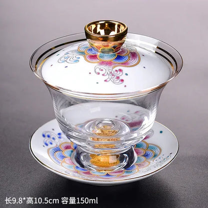 Ceramic Tibetan Gold Crystal Chinese Style Sancai Glass Cover Bowl Enamel Large -sized Hot Hand Gaiwan for Tea Teaware Kitchen