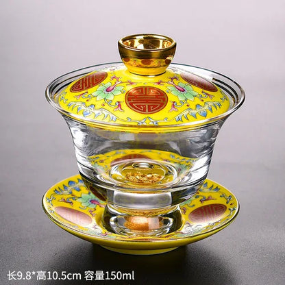 Ceramic Tibetan Gold Crystal Chinese Style Sancai Glass Cover Bowl Enamel Large -sized Hot Hand Gaiwan for Tea Teaware Kitchen