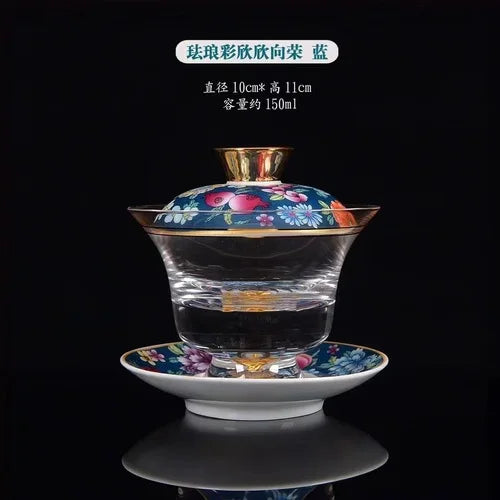 Ceramic Tibetan Gold Crystal Chinese Style Sancai Glass Cover Bowl Enamel Large -sized Hot Hand Gaiwan for Tea Teaware Kitchen