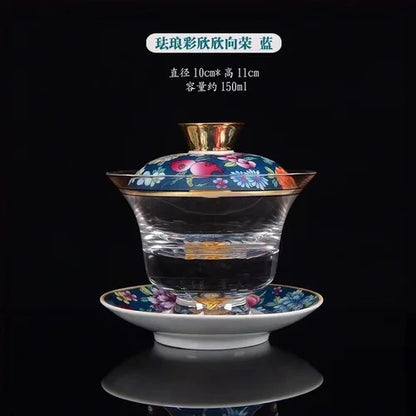 Ceramic Tibetan Gold Crystal Chinese Style Sancai Glass Cover Bowl Enamel Large -sized Hot Hand Gaiwan for Tea Teaware Kitchen