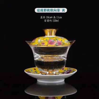 Ceramic Tibetan Gold Crystal Chinese Style Sancai Glass Cover Bowl Enamel Large -sized Hot Hand Gaiwan for Tea Teaware Kitchen