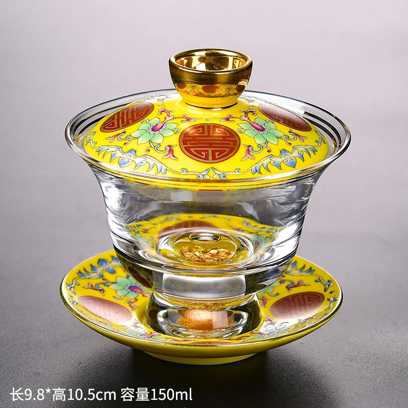 Ceramic Tibetan Gold Crystal Chinese Style Sancai Glass Cover Bowl Enamel Large -sized Hot Hand Gaiwan for Tea Teaware Kitchen