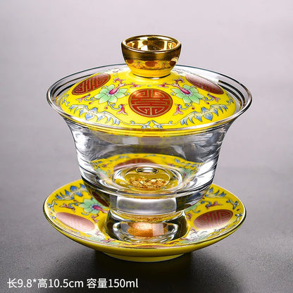 Ceramic Tibetan Gold Crystal Chinese Style Sancai Glass Cover Bowl Enamel Large -sized Hot Hand Gaiwan for Tea Teaware Kitchen