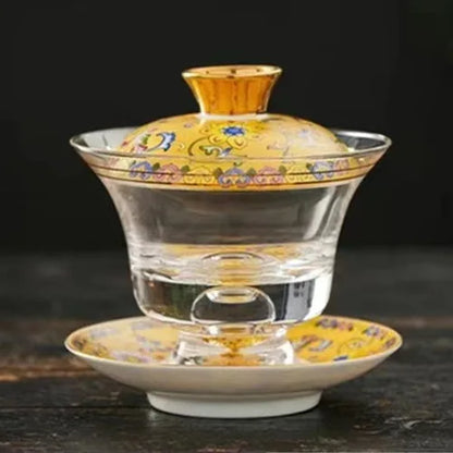 Ceramic Tibetan Gold Crystal Chinese Style Sancai Glass Cover Bowl Enamel Large -sized Hot Hand Gaiwan for Tea Teaware Kitchen
