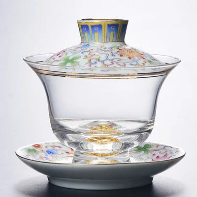 Ceramic Tibetan Gold Crystal Chinese Style Sancai Glass Cover Bowl Enamel Large -sized Hot Hand Gaiwan for Tea Teaware Kitchen