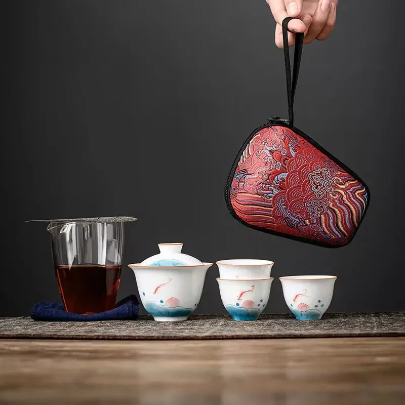 Ceramic Travel Kung Fu Tea Set Teaware Travel Bag 1 Teapot 3 Teacups Porcelain Glass Tea Pot With Cup Gaiwan Set Business Gift