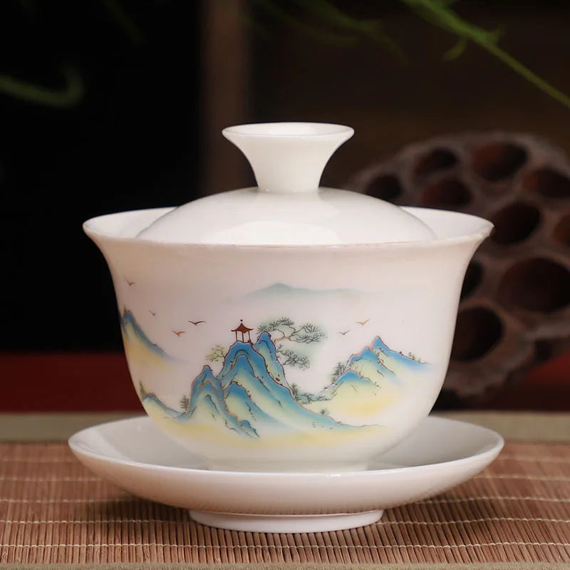 Ceramic White Gaiwan Tea Set Chinese Kung Fu Teaware Pigmented Tea Cup Set Handmade Tea Tureen Home Porcelanas Tea Bowl