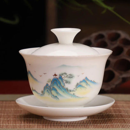 Ceramic White Gaiwan Tea Set Chinese Kung Fu Teaware Pigmented Tea Cup Set Handmade Tea Tureen Home Porcelanas Tea Bowl