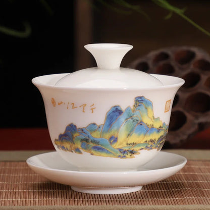 Ceramic White Gaiwan Tea Set Chinese Kung Fu Teaware Pigmented Tea Cup Set Handmade Tea Tureen Home Porcelanas Tea Bowl