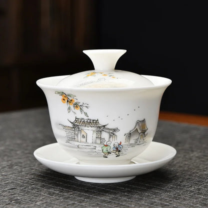 Ceramic White Gaiwan Tea Set Chinese Kung Fu Teaware Pigmented Tea Cup Set Handmade Tea Tureen Home Porcelanas Tea Bowl