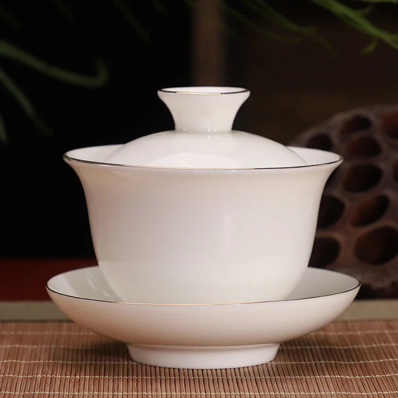 Ceramic White Gaiwan Tea Set Chinese Kung Fu Teaware Pigmented Tea Cup Set Handmade Tea Tureen Home Porcelanas Tea Bowl