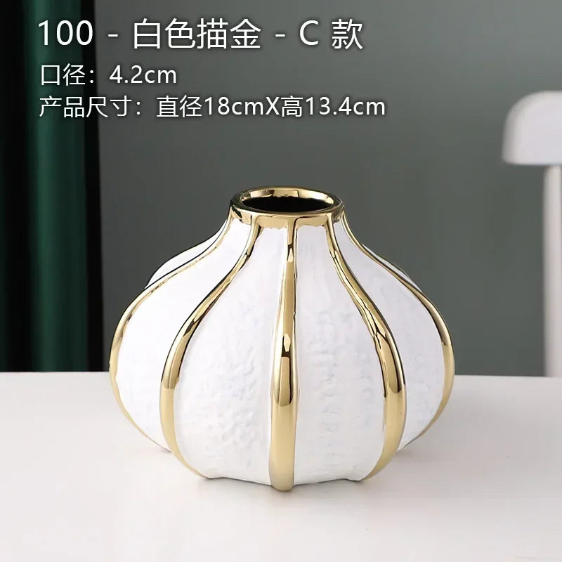 Ceramic White Gold Vase Modern Simple Home Decoration Flowerpot Phalaenopsis Basin with Gold Flower Arrangement