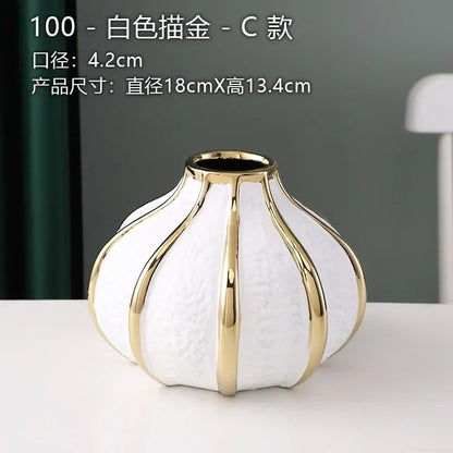 Ceramic White Gold Vase Modern Simple Home Decoration Flowerpot Phalaenopsis Basin with Gold Flower Arrangement