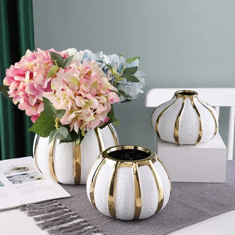 Ceramic White Gold Vase Modern Simple Home Decoration Flowerpot Phalaenopsis Basin with Gold Flower Arrangement