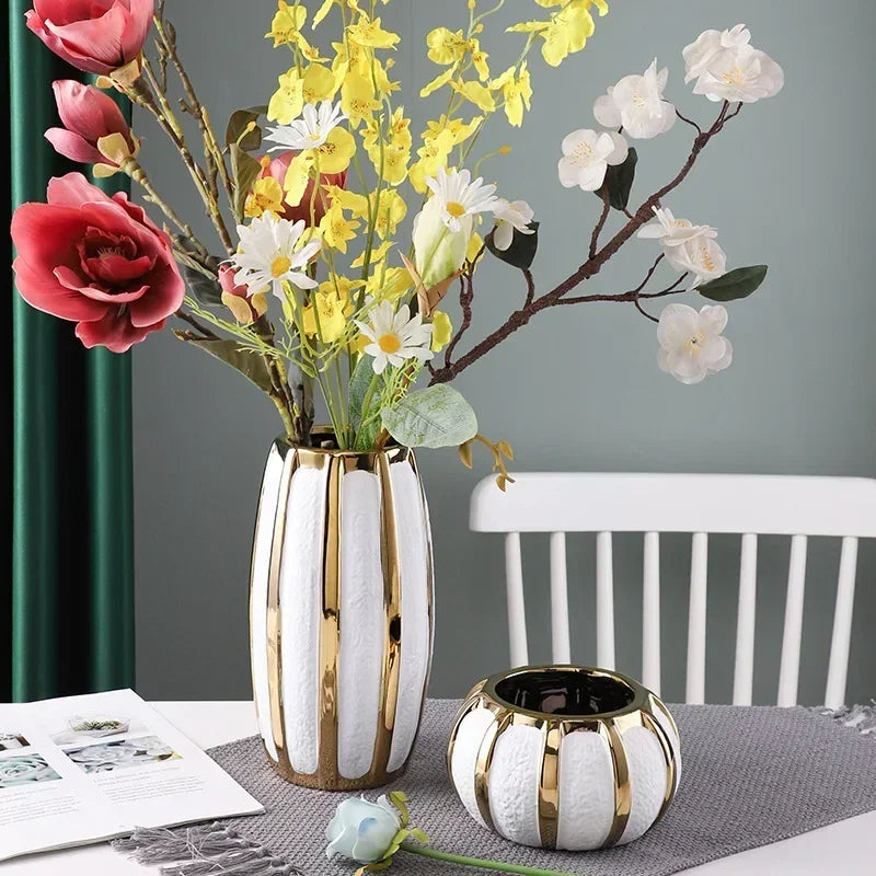 Ceramic White Gold Vase Modern Simple Home Decoration Flowerpot Phalaenopsis Basin with Gold Flower Arrangement